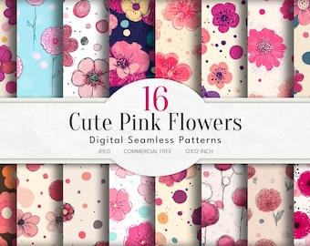 Cute Pink Floral Digital Paper Pack: Seamless Pastel Patterns (12x12, Instant Download, Commercial Use) Digital DIY Scrapbook paper