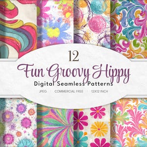 May include: A collection of 12 digital seamless patterns with a fun, groovy, and hippy theme. The patterns feature colorful floral, abstract, and psychedelic designs in shades of pink, blue, yellow, and green. The text "Fun Groovy Hippy" is displayed.