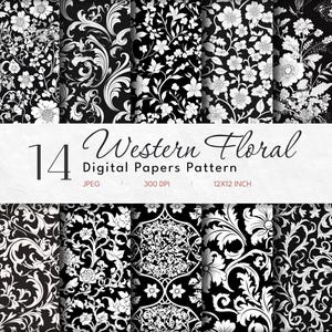 Patrón floral occidental sin costuras / Papel digital simple en blanco y negro / Sin publicidad / Descarga instantánea / Álbum de recortes DIY