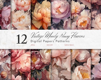 Può includere: Dodici motivi di carta digitale con fiori di peonia vintage dall'aspetto malinconico in tonalità rosa, pesca e bianco. I motivi sono di dimensioni 12x12 pollici e hanno una risoluzione di 300 DPI.