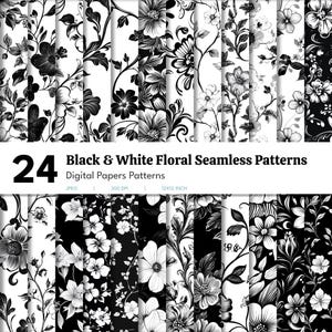 Papier numérique Fleurs noir et blanc | Modèles sans couture | Papier floral floral | Contraste | Téléchargement instantané | Album de coupures