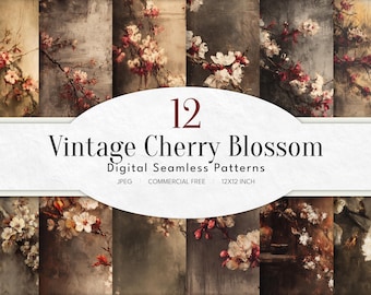 Vintage Kirschblüten nahtlose Muster | 12 digitale Hintergründe | Rustikales japanisches Sakura Papier | 12x12" Sammelalbum, Kommerzielle Nutzung