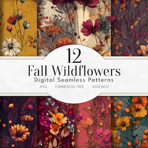 May include: A collection of 12 digital seamless patterns featuring fall wildflowers in various colors. The patterns include images of flowers and foliage in shades of orange, yellow, burgundy, and purple. The text "Fall Wildflowers" is displayed.