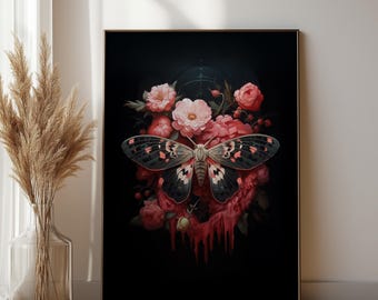Kwiatowy nadruk z gotycką ćmą śmierci | Grafika ścienna Dark Academia (pobranie cyfrowe)