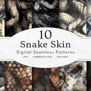 May include: A collection of ten digital seamless snake skin patterns in various colors and textures. The patterns include shades of black, brown, beige, and blue. The image also includes the text "10 Snake Skin Digital Seamless Patterns".