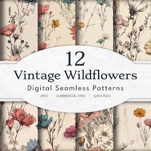 May include: A collection of 12 digital seamless patterns featuring vintage wildflower designs. The patterns showcase various floral arrangements in soft colors, with a beige background. The image includes the text "Vintage Wildflowers" and "Digital Seamless Patterns".