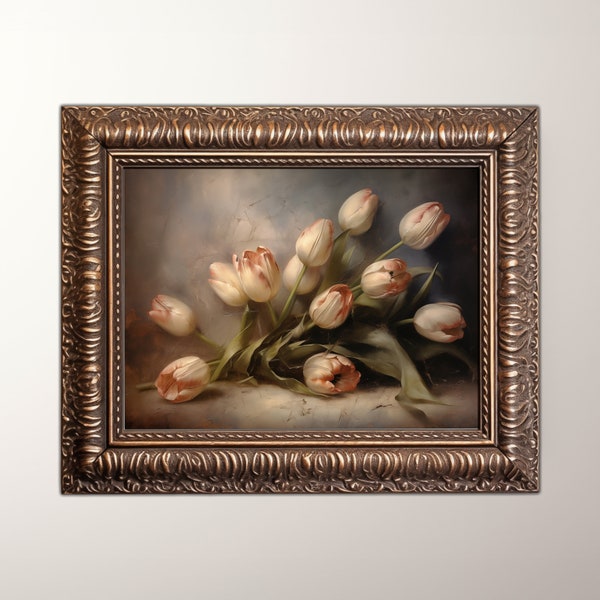 Dark Tulip Flowers Oil Painting | Floral Wall Art Decor | Moody Dark Academia | Vintage Dark Cottagecore Print | Instant Downloadable Art