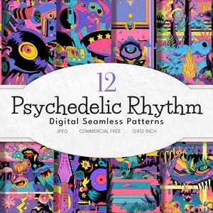 May include: A collection of 12 digital seamless patterns with a psychedelic theme. The patterns feature vibrant colors like pink, purple, and yellow, with illustrations of musical instruments, eyes, and abstract shapes. The text "Psychedelic Rhythm" is displayed.