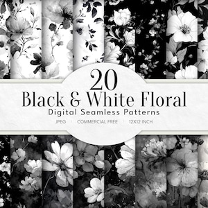 Op de afbeelding: Een verzameling van 20 zwarte en witte bloemen digitale naadloze patronen. De patronen bevatten verschillende aquarel bloemontwerpen, waaronder rozen en andere bloemen, in een grijstinten palet. De afbeelding bevat de tekst "20 Black & White Floral Digital Seamless Patterns".