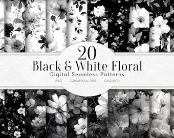 Black & White Flowers Digital Paper | Seamless Patterns | Floral Background Paper | Contrast | Instant Download | Scrapbook