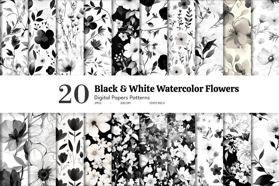 Black & White Floral Digital Paper: Watercolor Seamless Patterns ...
