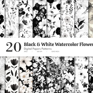 May include: 20 black and white watercolor flower digital paper patterns. Each pattern is 12x12 inches and 300 DPI.