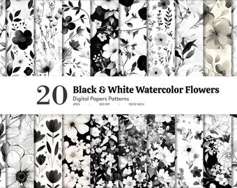 Schwarze & weiße Blumen Digitales Papier: Aquarell Muster (Instant Download)