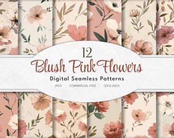 Papel digital floral rosa blush – 12 padrões sem emenda, álbum de recortes de casamento, uso comercial (30,5 x 30,5 cm, JPEG, 300 dpi, download digital)