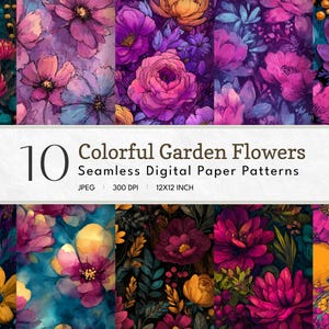 以下が含まれることがあります： 10種類のカラフルな庭の花のパターンを特徴とするデジタルペーパーセット。デザインは、ピンク、紫、黄色、青の色合いの鮮やかな花を展示しています。「10 Colorful Garden Flowers Seamless Digital Paper Patterns」と書かれており、サイズは30.48 x 30.48 cmです。