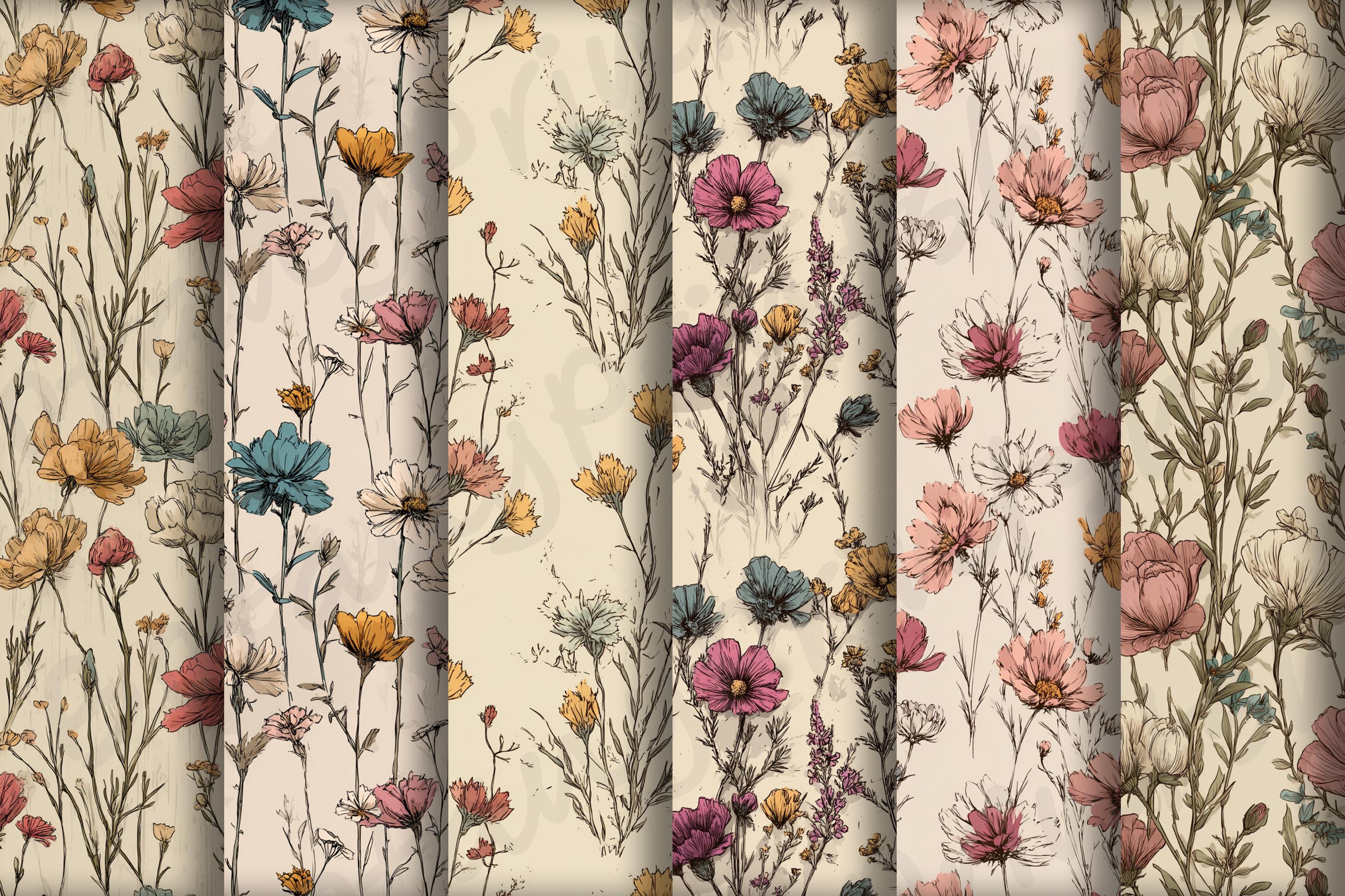 Vintage Wildflower Digital Paper: Boho Floral Seamless Pattern (12x12in ...