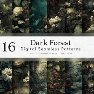 Pode incluir: Dezesseis padrões digitais sem costura com um tema de floresta escura. Os padrões apresentam vários desenhos florais e de folhagem em tons de verde, marrom e branco. O texto "Dark Forest Digital Seamless Patterns" é exibido em uma faixa branca.