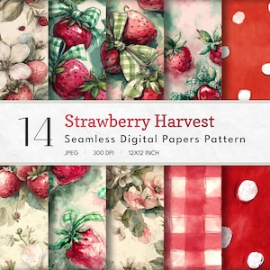 May include: A collection of 14 seamless digital paper patterns with a strawberry harvest theme. The designs include watercolor illustrations of strawberries, floral arrangements, and red gingham and polka dot patterns. The text "Strawberry Harvest" is displayed.