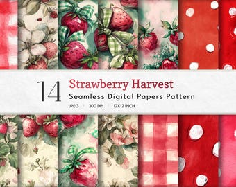 May include: A set of 14 seamless digital paper patterns with a strawberry harvest theme. The designs feature watercolour illustrations of strawberries, floral arrangements, and red gingham and polka dot patterns. The text "Strawberry Harvest" is displayed.