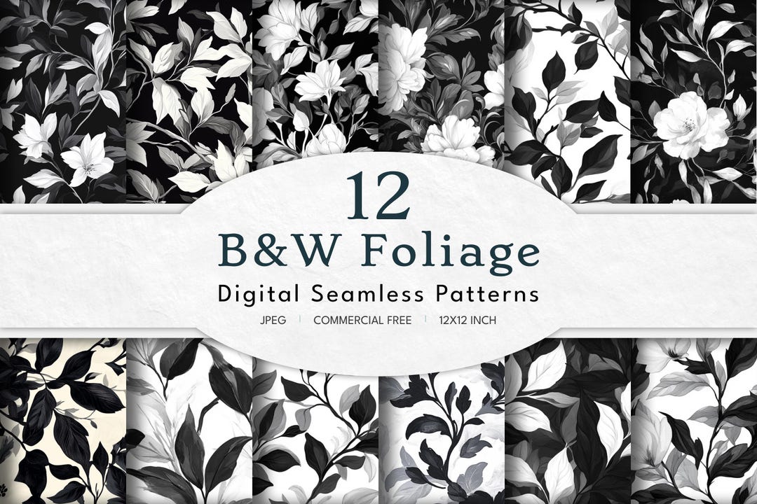 Black and White Floral Seamless Pattern - Modern Botanical Digital ...