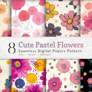 Colorful Pink Flowers Digital Paper Pack | Seamless Patterns | Pastel Floral Background | Instant Download | Scrapbook DIY | Commercial Free