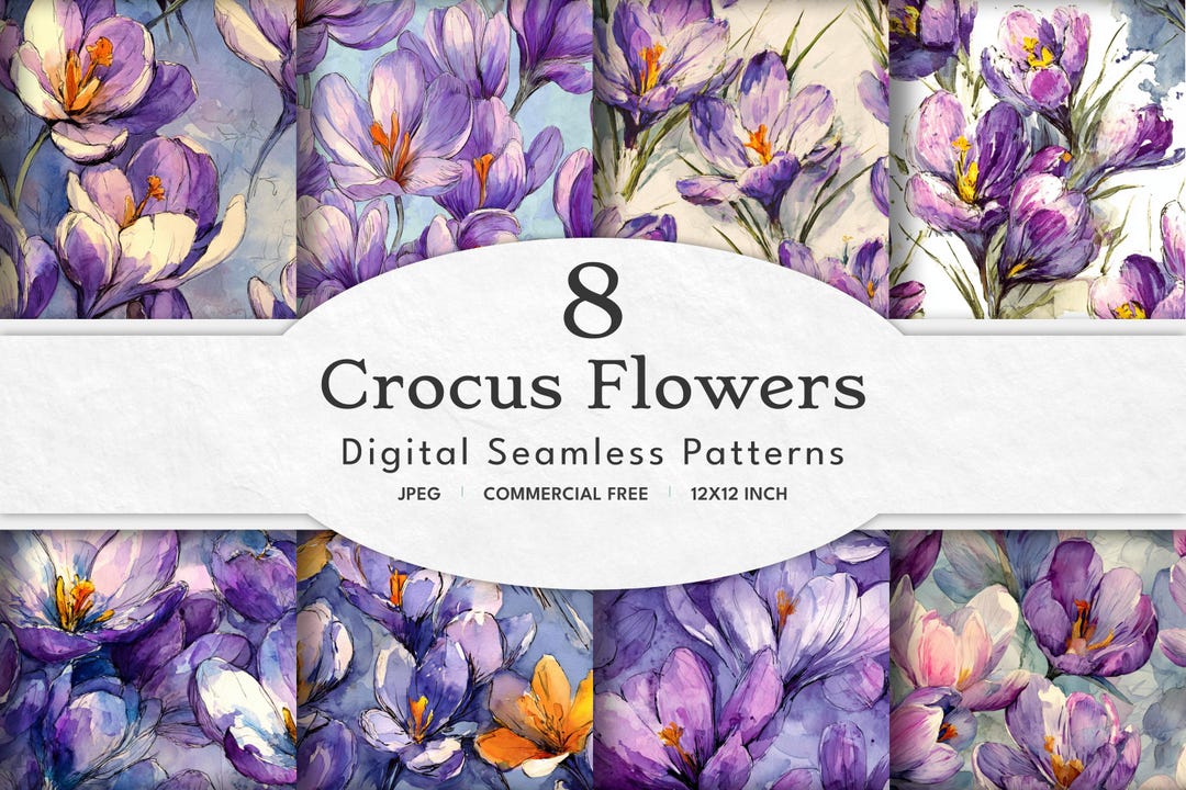 Watercolor Crocus Flower Pattern Set – 12x12 Purple Floral Digital ...