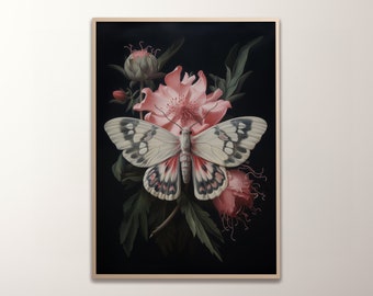 Dark Butterfly Flower Oil Painting Portrait Print | Vintage Dark Moody Academia | Pink Floral Wall Art |  Downloadable Art Ready for Print