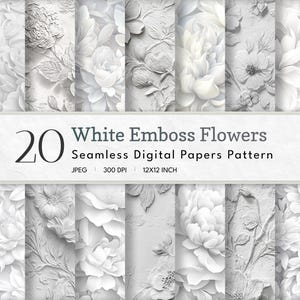 Flowers Digital Paper | Commercial Use | Emboss White Flower Backgrounds | Printable Paper Set | Scrapbooking Paper | Crafts | Diy