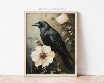 Raven Flower Print: Dark Academia Goth Wall Art (Instant Download)