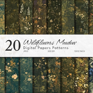 Vintage donkere digitale papieren wilde bloemenweide | Naadloze patronen | Groene botanische humeurige achtergrond |  Plakboek DYI | Direct downloaden