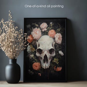 Bear Skull and Flower Oil Painting Print |  Dark Moody Academia | Floral Wall Art | Instant Downloadable Portrait Art Ready for Print