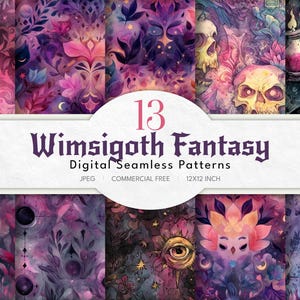May include: A collection of 13 digital seamless patterns with a fantasy theme. The patterns feature a variety of designs in shades of pink, purple, and black, including floral elements, skulls, and celestial motifs. Each pattern is 12x12 inches.