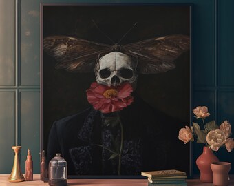 Skull Death Moth Flower Print, Dark Moody Academia, Witchy Goth Floral Wall Art, Botanical Forestcore Goth Print, Instant Downloadable Print