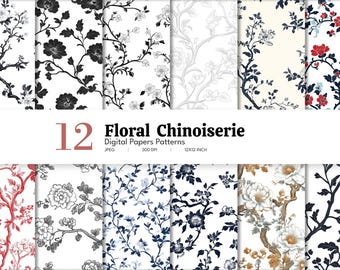 Black & White Flowers Digital Paper | Seamless Patterns | Floral Background Paper | Contrast | Instant Download | Scrapbook