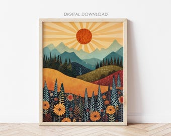 Boho Mountain Sunset Art Print: Earth Tones Wildflower Landscape (Digital Download)
