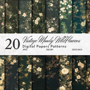 papier numérique vintage Moody Wildflowers | Modèles sans couture | Fond japonais botanique foncé | Papier peint | Téléchargement instantané | Album de coupures