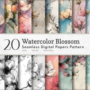 Colorful Watercolor Blossom Floral Digital Pattern | Digital Papers Flower Pack | Instant Download Scrapbooking Crafts | Commercial Use
