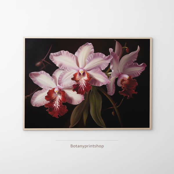 Pink Orchid Flowers Oil Painting Bouquet | Floral Wall Art Decor | Moody Dark Academia | Dark Cottagecore Print | Instant Downloadable Art