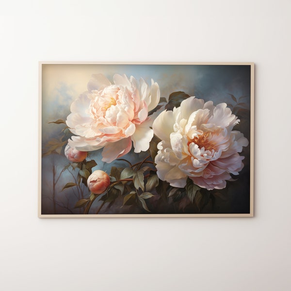 Spring Peony Flower Painting Digital Print, White Pink Warm Spring Vintage Farmhouse Floral Wall Art Decor, Printable Art Digital Download