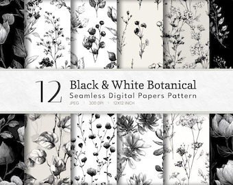 Black & White Floral Digital Paper: Seamless Patterns for Scrapbook (Instant Download)