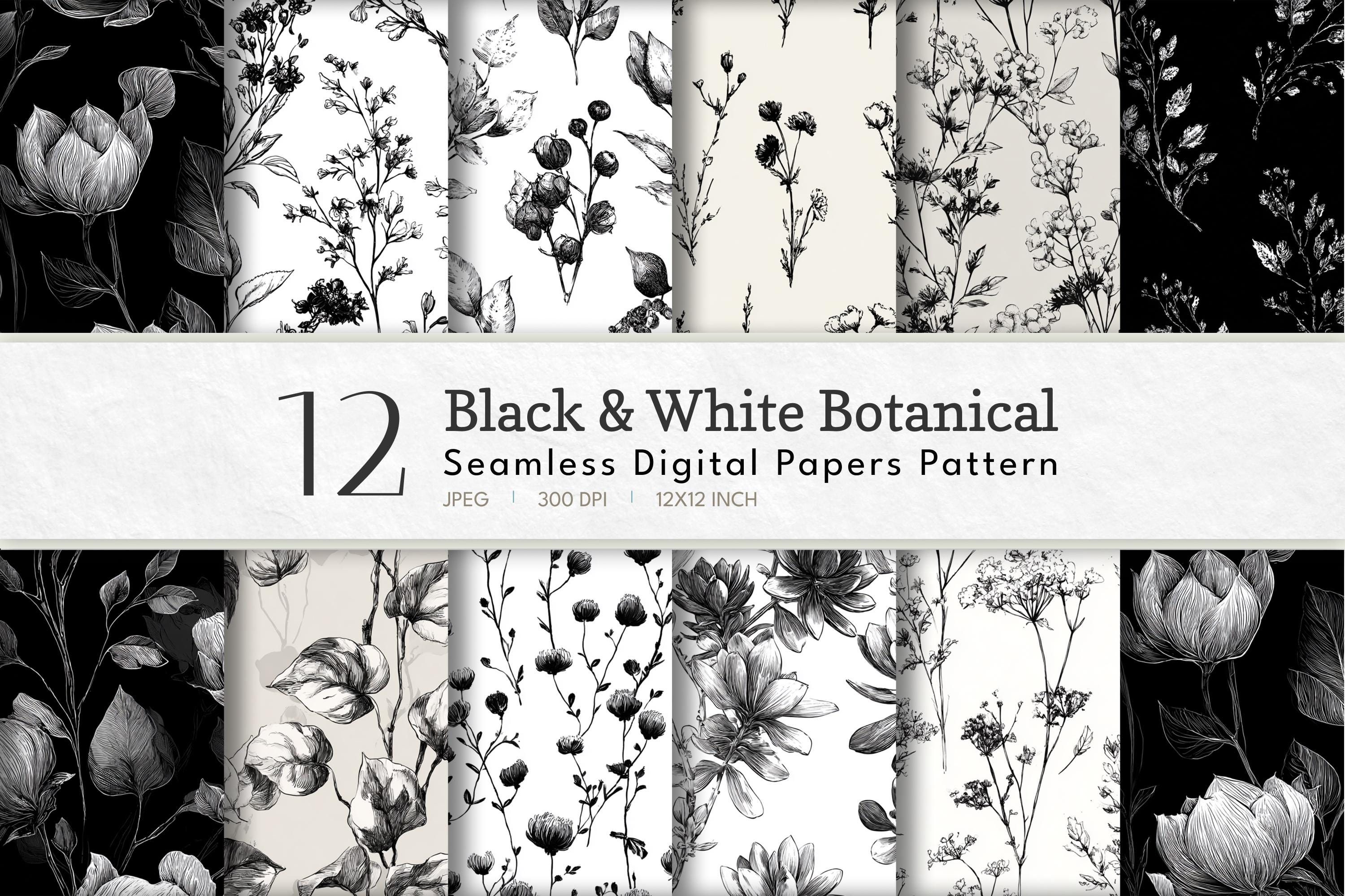 Black & White Floral Digital Paper: Seamless Patterns for Scrapbook ...