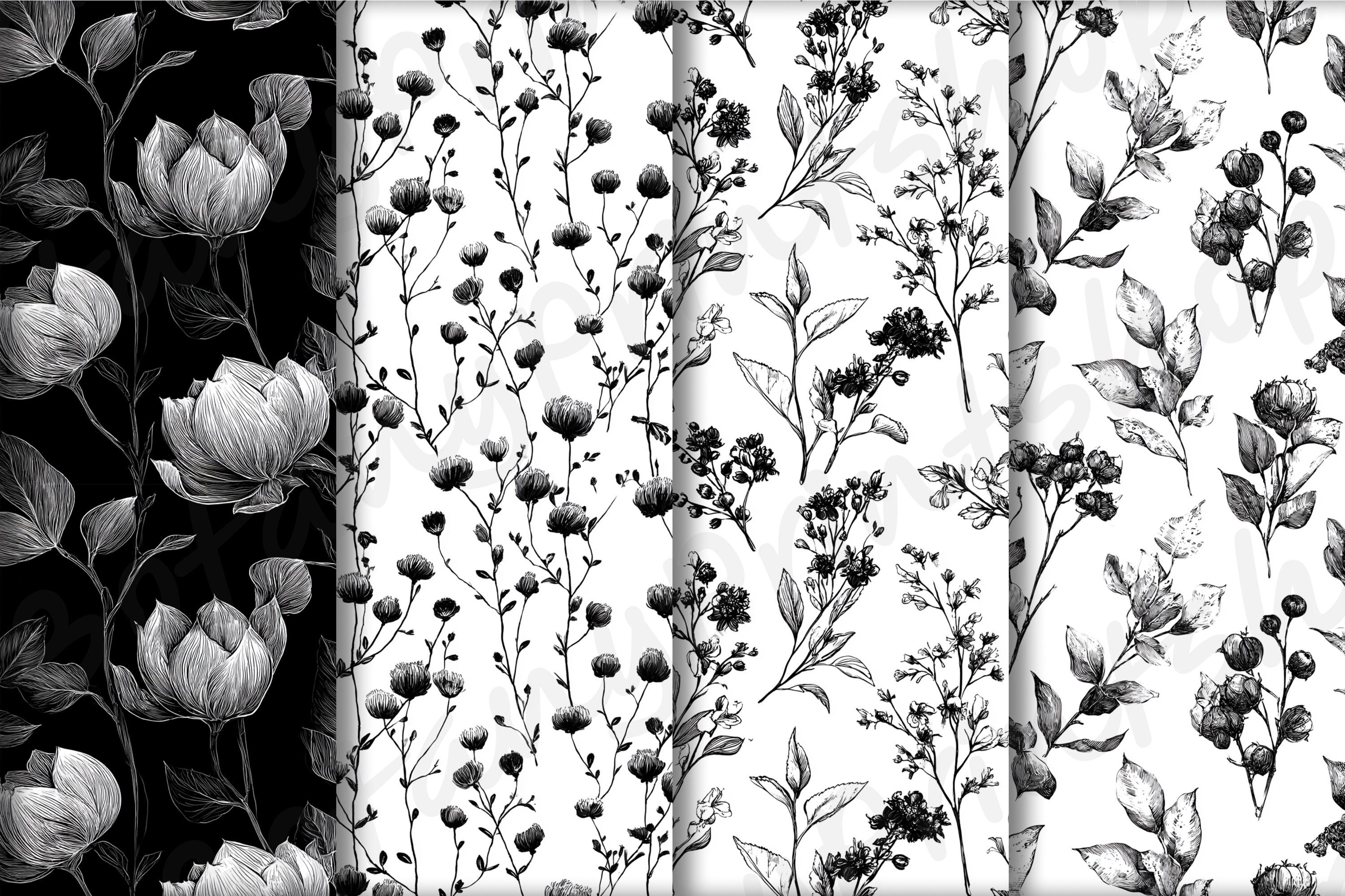 Black & White Floral Digital Paper: Seamless Patterns for Scrapbook ...