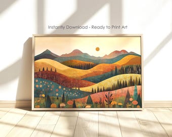 Boho Mountain Sunset Art Print: Earth Tones Landscape (Digital Download)
