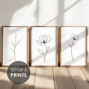 Set Of 3 | Flower Line Art Prints | Minimalist Modern | Living Room Home Decor | Printable Art | Instant Download