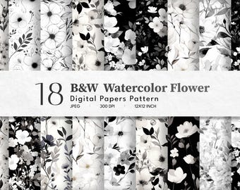 Black & White Flowers Digital Paper | Seamless Patterns | Floral Background Paper | Contrast | Instant Download | Scrapbook