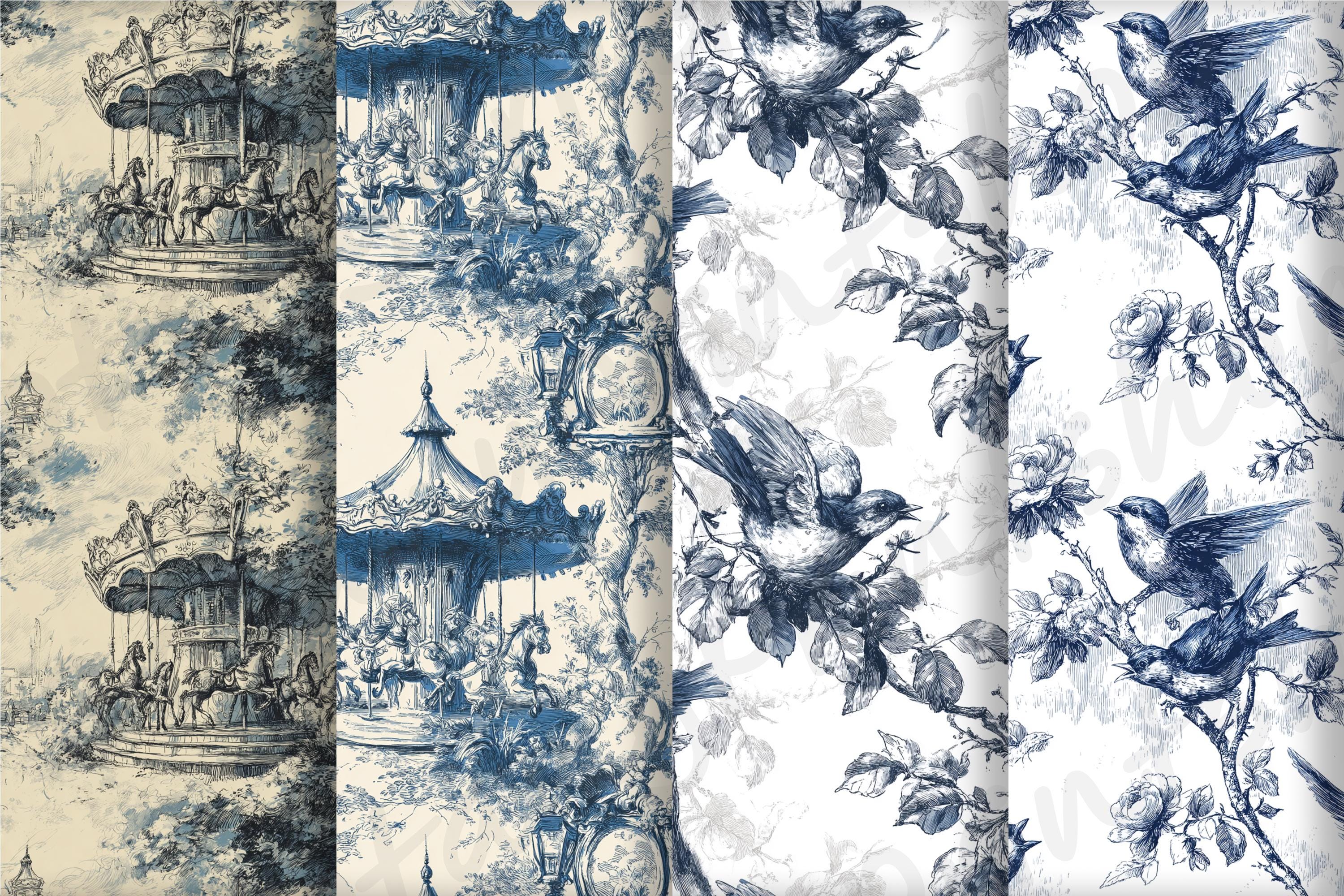 Blue Toile De Jouy Digital Paper | Seamless Nursery Patterns (instant ...