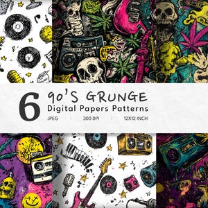 May include: A collection of six digital paper patterns with a 90's grunge theme. The designs feature skulls, musical instruments, and other grunge-related elements. The text "6 90's GRUNGE Digital Papers Patterns" is displayed.
