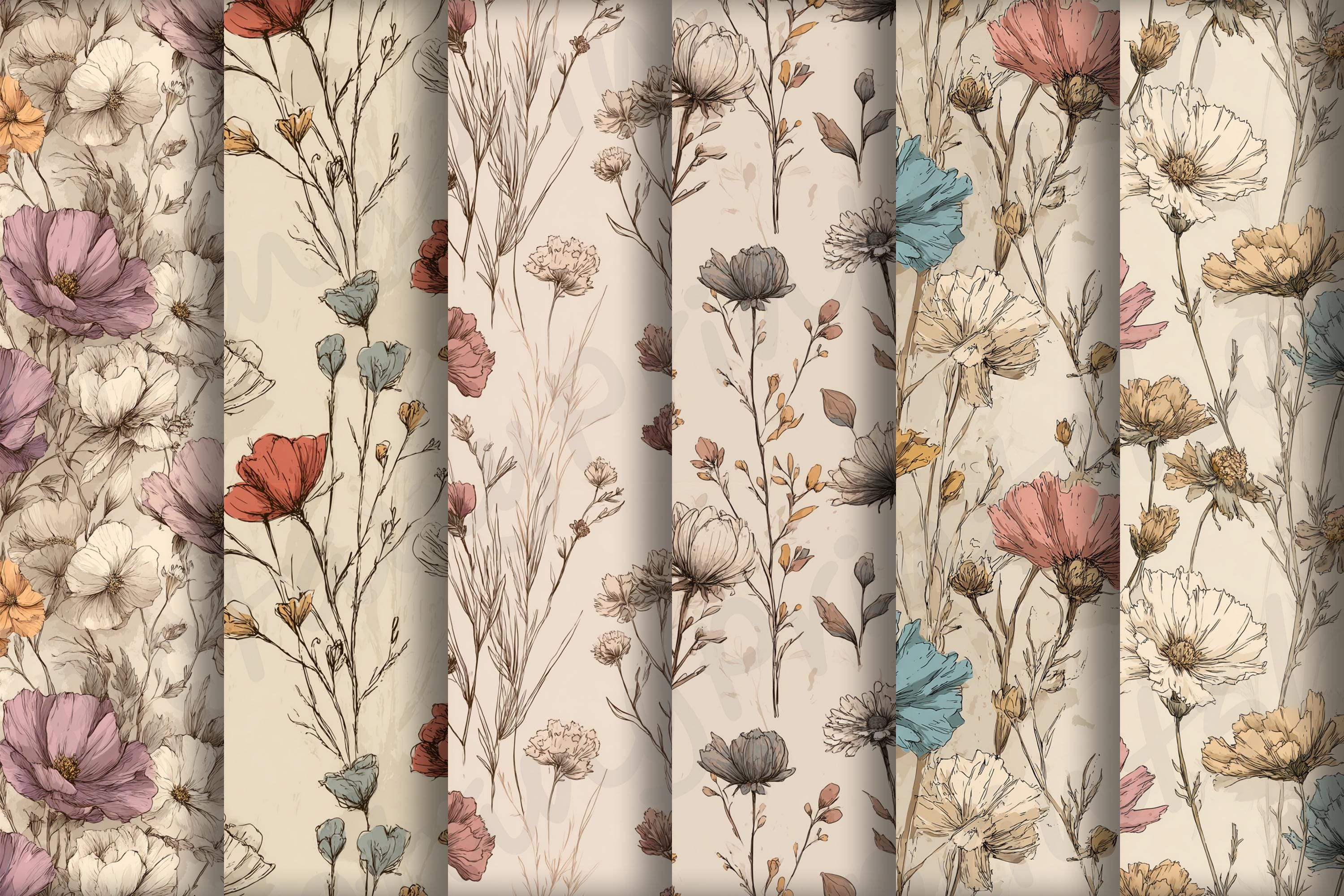 Vintage Wildflower Digital Paper: Boho Floral Seamless Pattern (12x12in ...