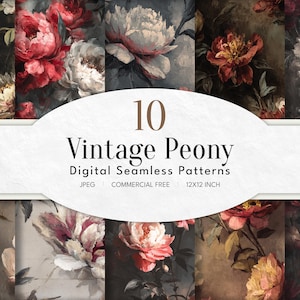 May include: A collection of ten digital seamless patterns featuring vintage peony floral designs. The patterns showcase various peony blooms in shades of red, pink, white, and yellow against a dark background. The image includes the text "10 Vintage Peony Digital Seamless Patterns".