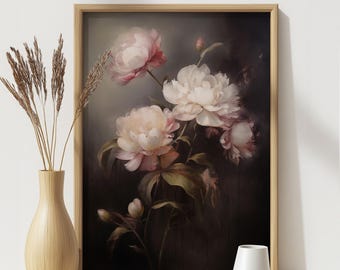 Dark Pink Peony Oil Painting: Moody Floral Wall Art (Digital Download)